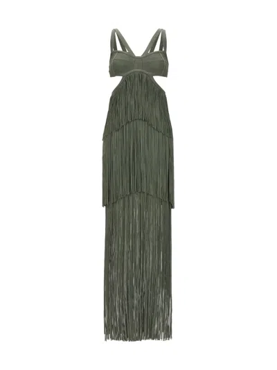 HERVE LEGER GREEN STRAPPY TIERED FRINGE DRESS