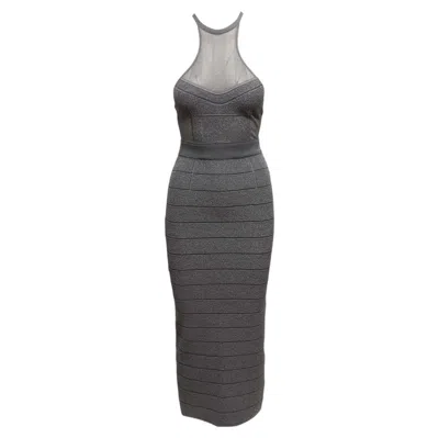 Pre-owned Herve Leger Grey  Open Back Halter Bandage Maxi Dress In Gray