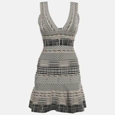Pre-owned Herve Leger Grey Patterned Knit Gravel Mini Dress S In Brown
