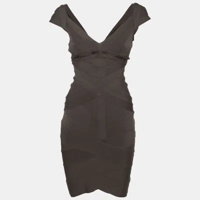 Herve Leger Grey Stretch Knit Bandage Mini Dress In Brown