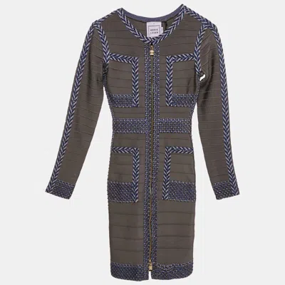 Herve Leger Grey/blue Beaded Knit Bandage Keslyn Dress In Multi