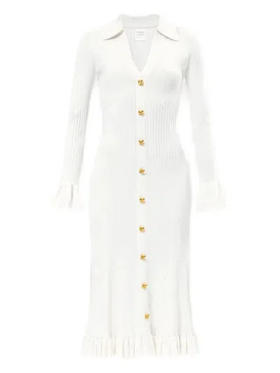 Herve Leger Hallie Button-up Ruffled Midi Dress In White