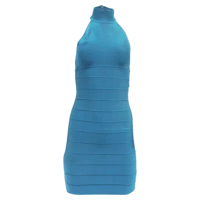 Herve Leger Halter Bandage Dress In Teal Rayon In Blue
