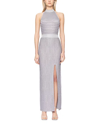 Herve Leger Halter Eyelash Knit Gown In Met Silver