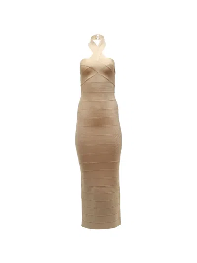 Pre-owned Herve Leger Halterneck Bandage Dress In Neutral