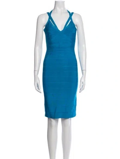 Pre-owned Herve Leger Halterneck Knee-length Dress In Blue