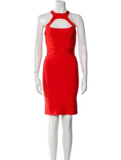 Pre-owned Herve Leger Halterneck Knee-length Dress In Orange