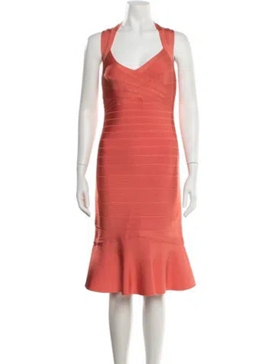 Pre-owned Herve Leger Halterneck Knee-length Dress In Orange