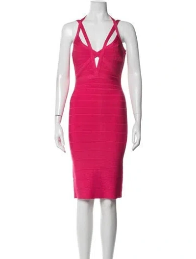 Pre-owned Herve Leger Halterneck Knee-length Dress In Pink
