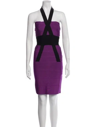Pre-owned Herve Leger Halterneck Knee-length Dress In Purple