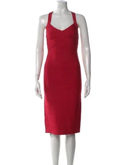 Pre-owned Herve Leger Halterneck Knee-length Dress In Red