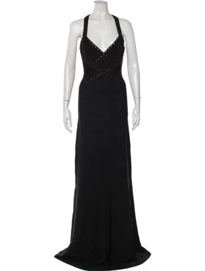 Pre-owned Herve Leger Halterneck Long Dress In Black