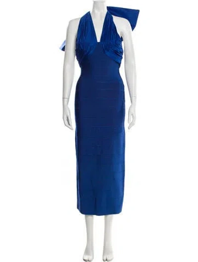 Pre-owned Herve Leger Halterneck Long Dress In Blue