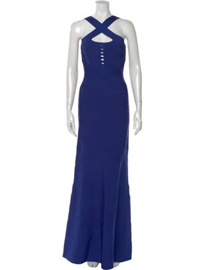 Pre-owned Herve Leger Halterneck Long Dress In Blue
