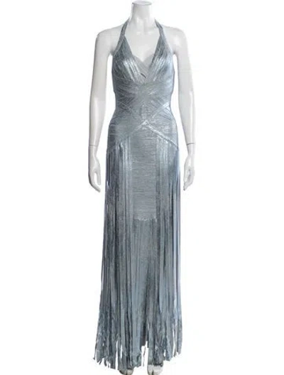 Pre-owned Herve Leger Halterneck Long Dress In Blue/metallic