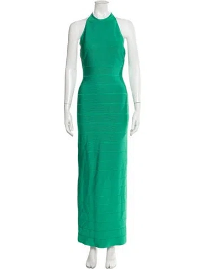 Pre-owned Herve Leger Halterneck Long Dress In Green