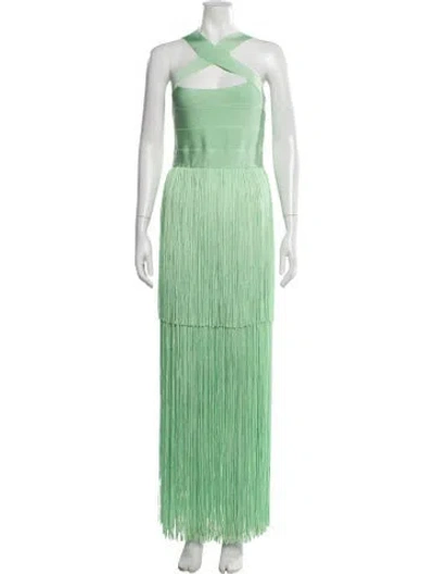 Pre-owned Herve Leger Halterneck Long Dress In Green