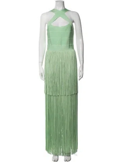 Pre-owned Herve Leger Halterneck Long Dress In Green
