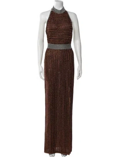 Pre-owned Herve Leger Halterneck Long Dress In Metallic/orange