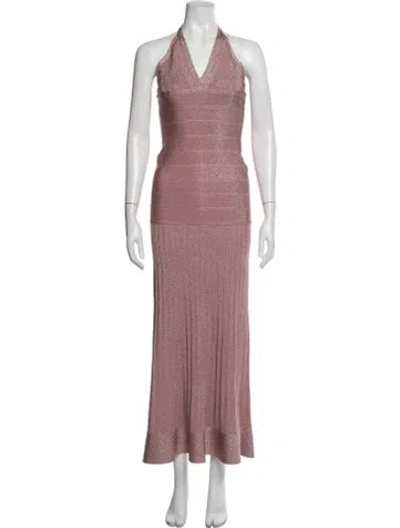 Pre-owned Herve Leger Halterneck Long Dress In Metallic/pink