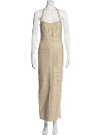 Pre-owned Herve Leger Halterneck Long Dress In Neutrals