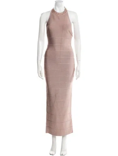 Pre-owned Herve Leger Halterneck Long Dress In Pink