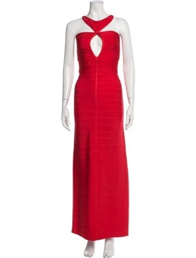 Pre-owned Herve Leger Halterneck Long Dress In Red