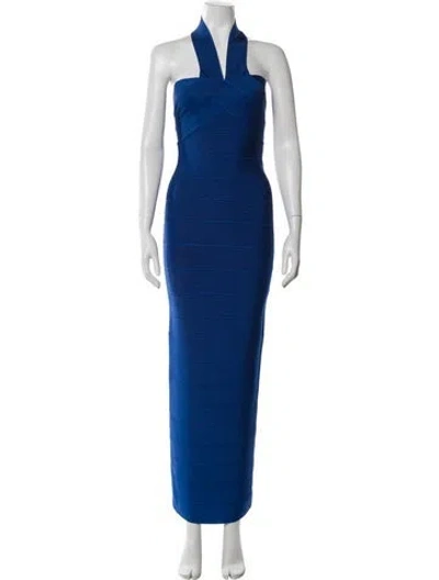 Pre-owned Herve Leger Halterneck Long Dress W/ Tags In Blue