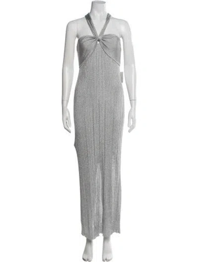 Pre-owned Herve Leger Halterneck Long Dress W/ Tags In Metallic/silver