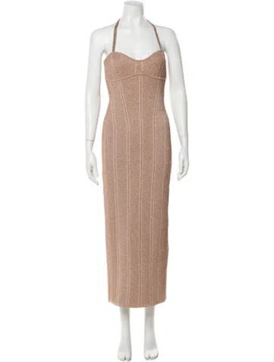 Pre-owned Herve Leger Halterneck Long Dress W/ Tags In Neutral