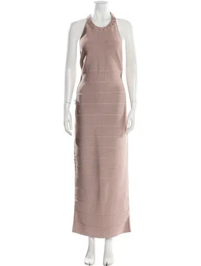 Pre-owned Herve Leger Halterneck Long Dress W/ Tags In Neutral
