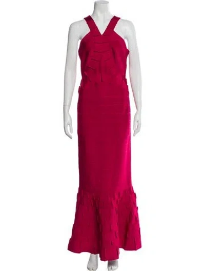 Pre-owned Herve Leger Halterneck Long Dress W/ Tags In Red