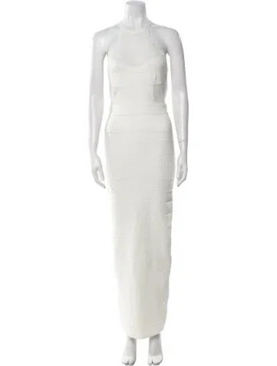 Pre-owned Herve Leger Halterneck Long Dress In White
