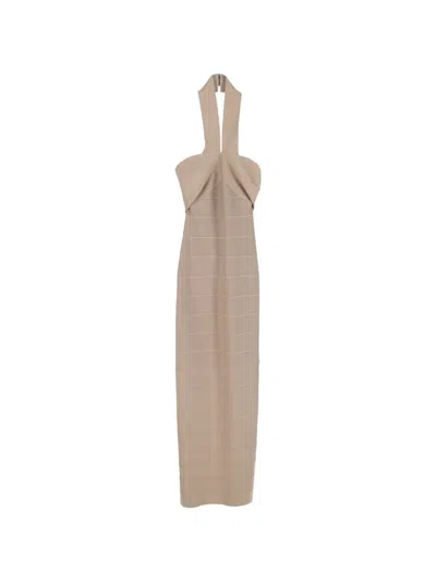 Pre-owned Herve Leger Halterneck Maxi Dress In Neutral
