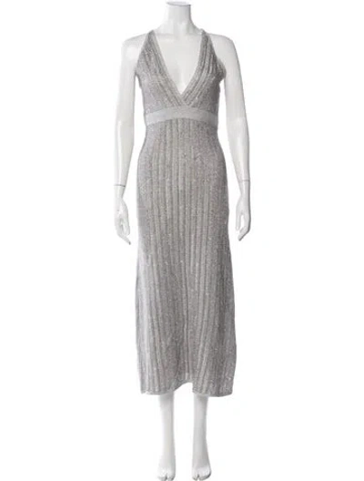 Pre-owned Herve Leger Halterneck Midi Length Dress In Metallic/silver
