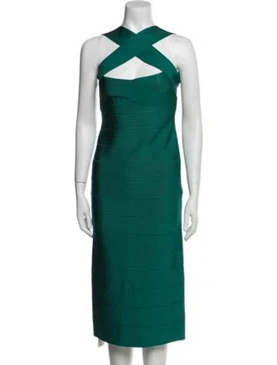 Pre-owned Herve Leger Halterneck Midi Length Dress W/ Tags In Green