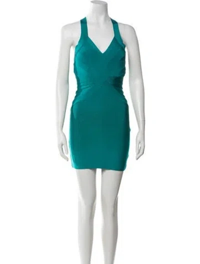 Pre-owned Herve Leger Halterneck Mini Dress In Blue