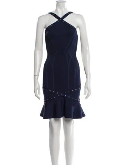 Pre-owned Herve Leger Halterneck Mini Dress In Blue