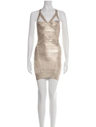 Pre-owned Herve Leger Halterneck Mini Dress In Gold/metallic