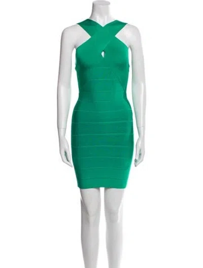 Pre-owned Herve Leger Halterneck Mini Dress In Green