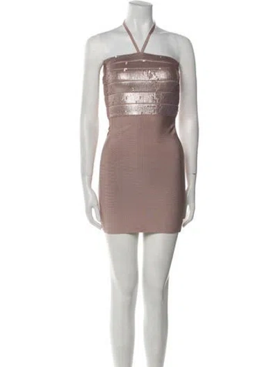 Pre-owned Herve Leger Halterneck Mini Dress In Neutral