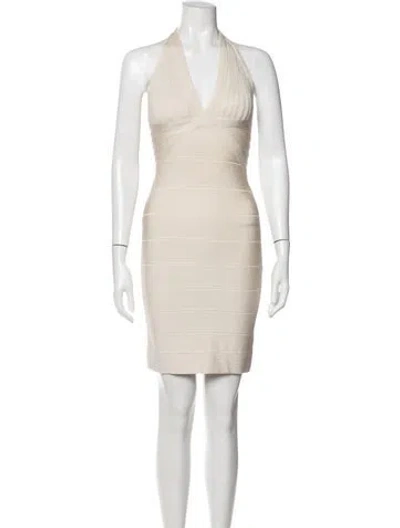 Pre-owned Herve Leger Halterneck Mini Dress In Neutrals