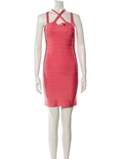 Pre-owned Herve Leger Halterneck Mini Dress In Pink