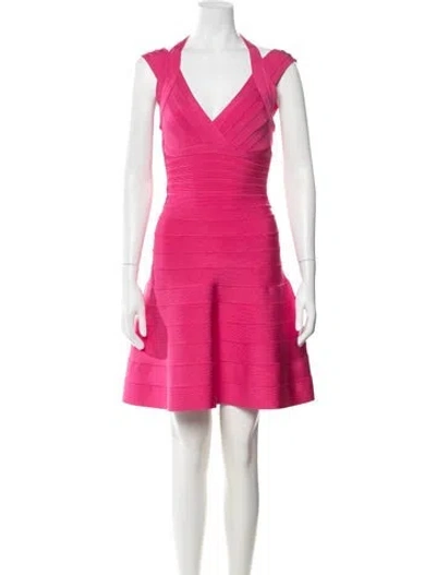 Pre-owned Herve Leger Halterneck Mini Dress In Pink