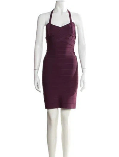 Pre-owned Herve Leger Halterneck Mini Dress In Purple