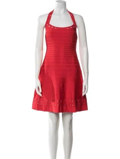 Pre-owned Herve Leger Halterneck Mini Dress In Red