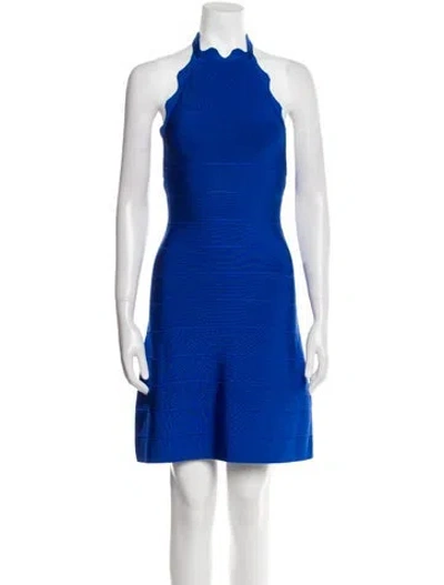 Pre-owned Herve Leger Halterneck Mini Dress W/ Tags In Blue