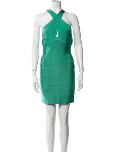Pre-owned Herve Leger Halterneck Mini Dress W/ Tags In Green