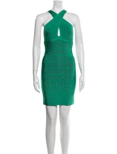 Pre-owned Herve Leger Halterneck Mini Dress W/ Tags In Green