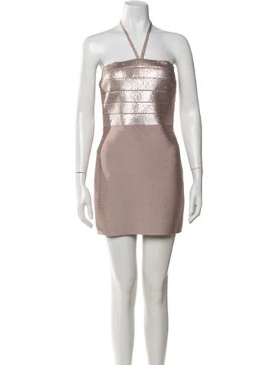 Pre-owned Herve Leger Halterneck Mini Dress W/ Tags In Metallic/neutrals